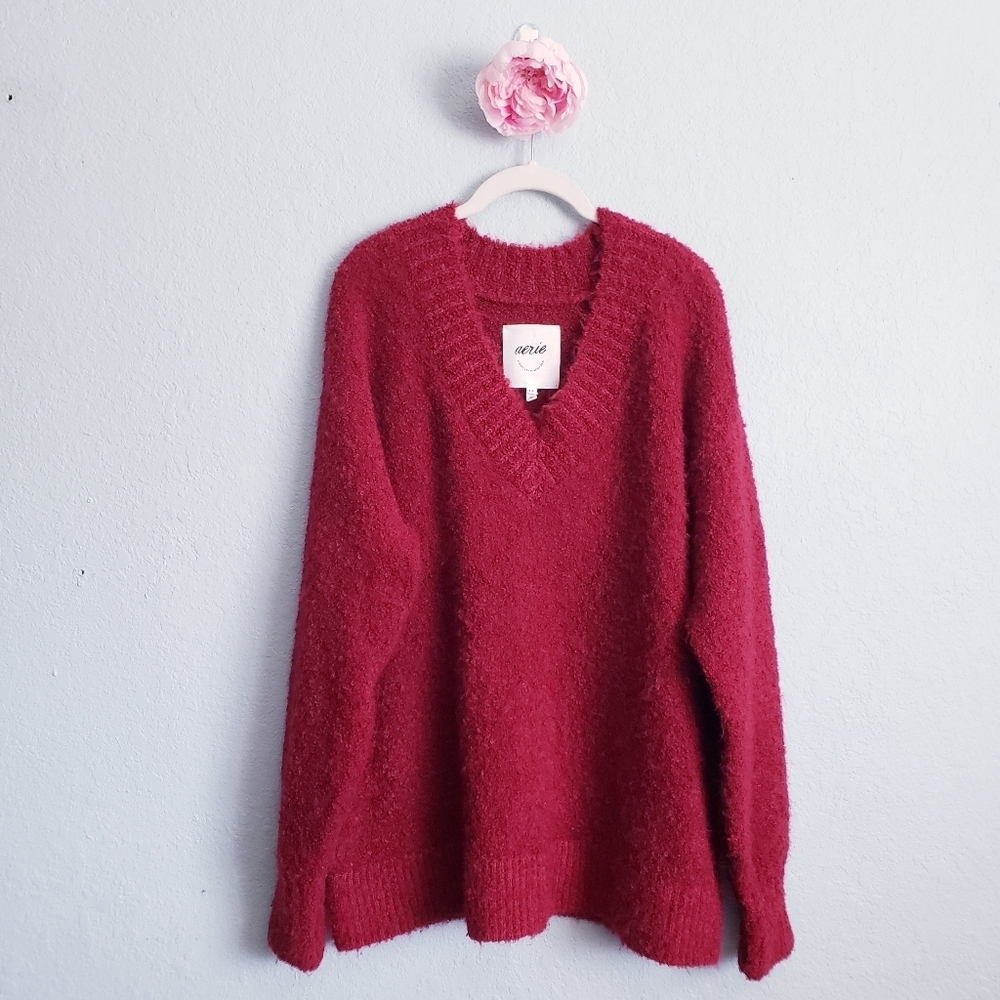 Aerie Teddy Boucle V Neck Cozy Red Raspberry Sweater